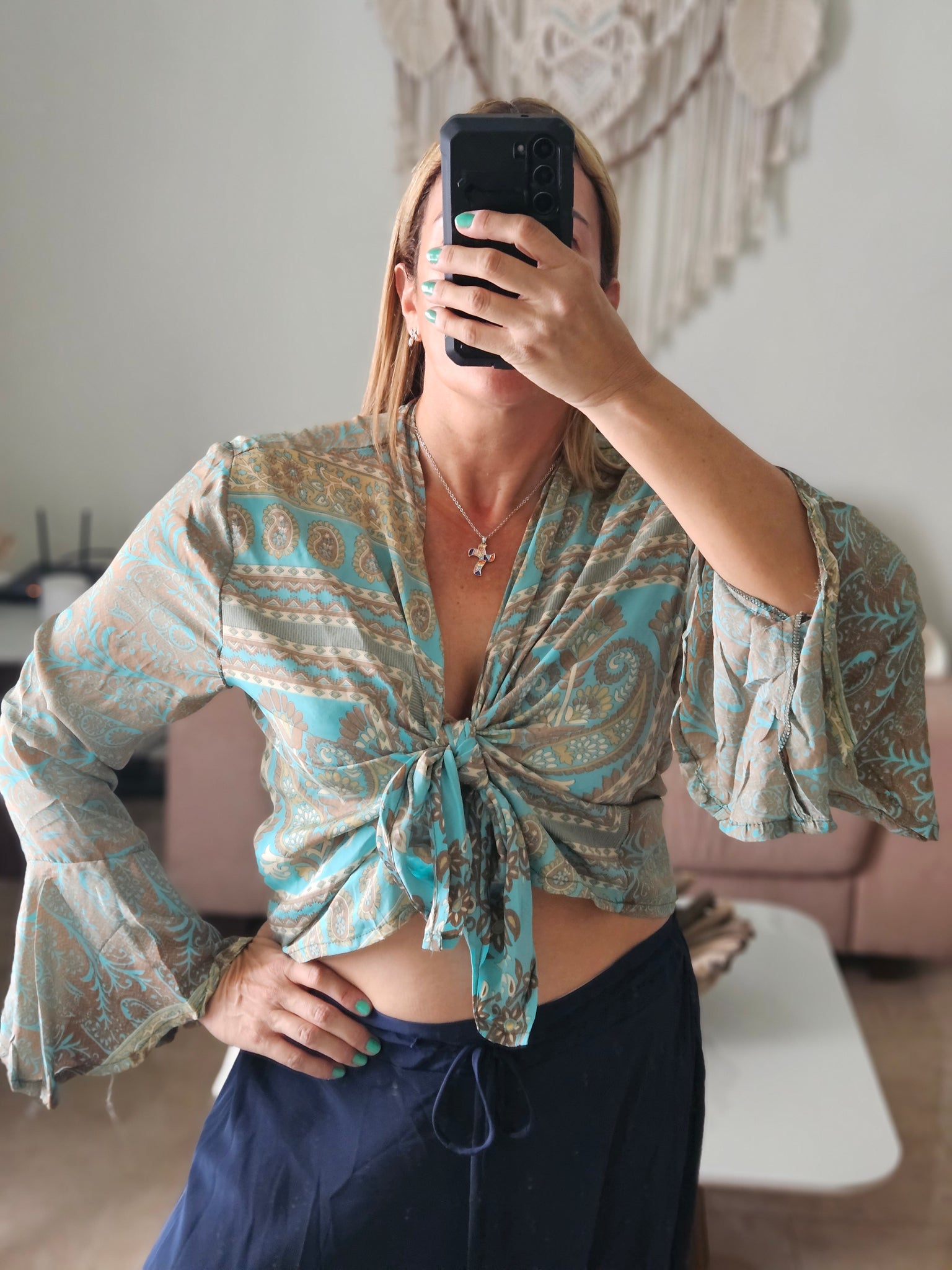 Turquoise tie front blouse