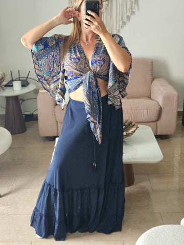 Paisley Navy tie front blouse