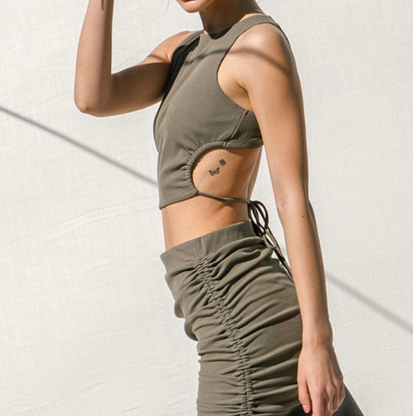 Olive Ribbed Open Back Top