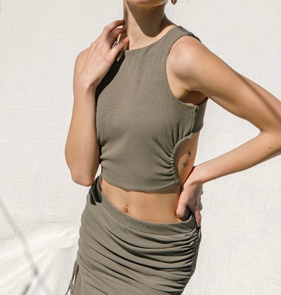 Olive Ribbed Open Back Top