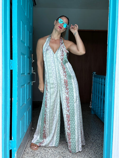 Sage Print Halter Jumpsuit