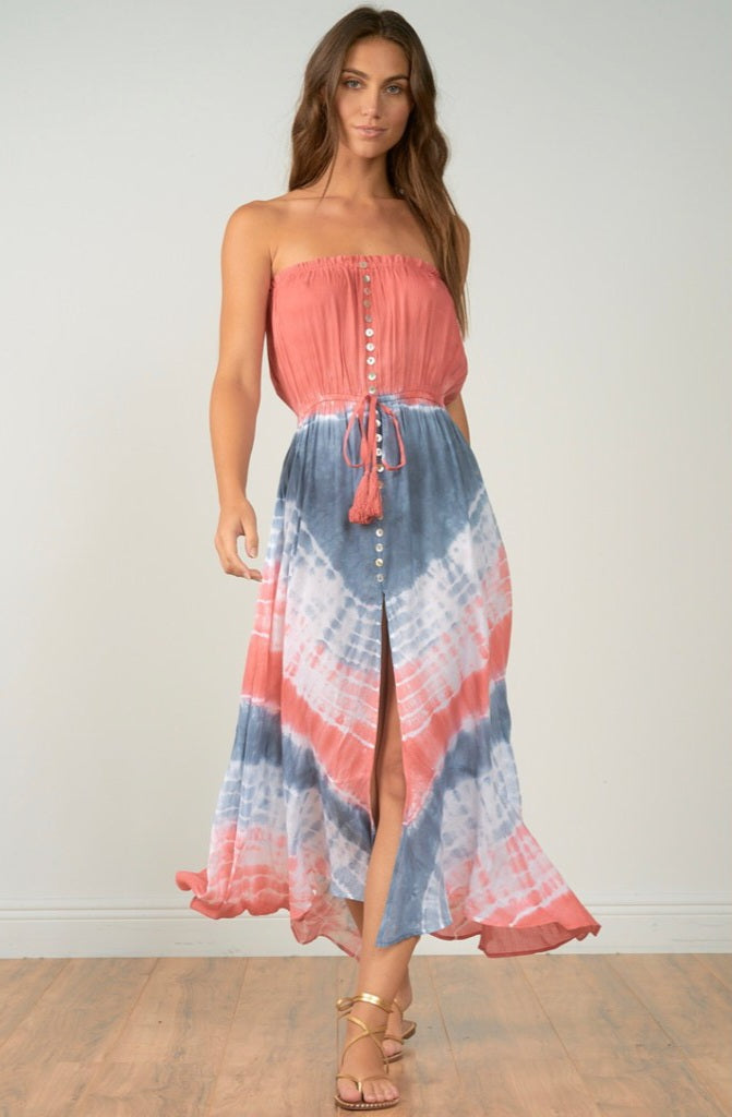 Blue Rose Tie Dye Strapless Maxi