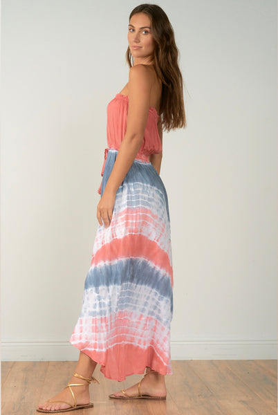 Blue Rose Tie Dye Strapless Maxi