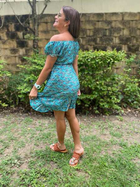 Turquoise peasant mini dress