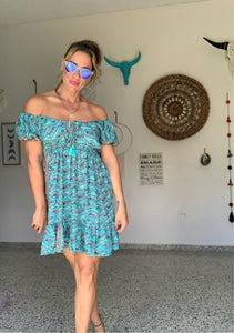 Turquoise peasant mini dress