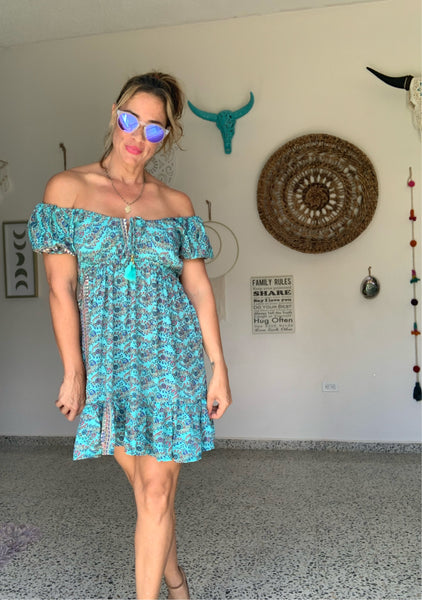 Turquoise peasant mini dress