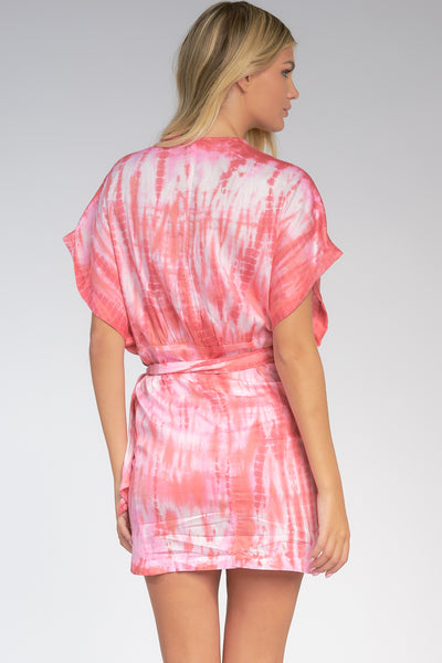 Coral Tie Dye Wrap Mini Dress