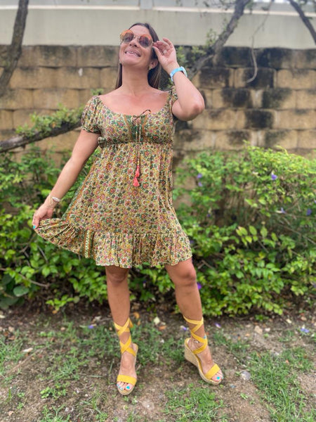 Flowers peasant mini dress