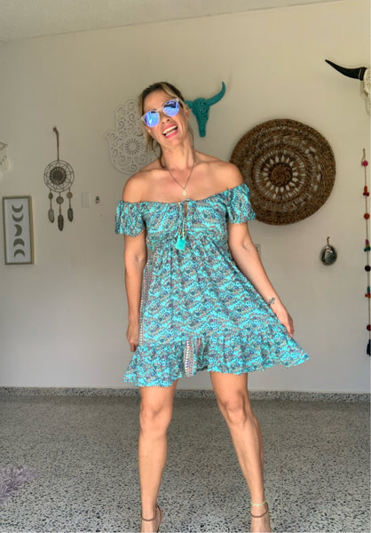 Turquoise peasant mini dress